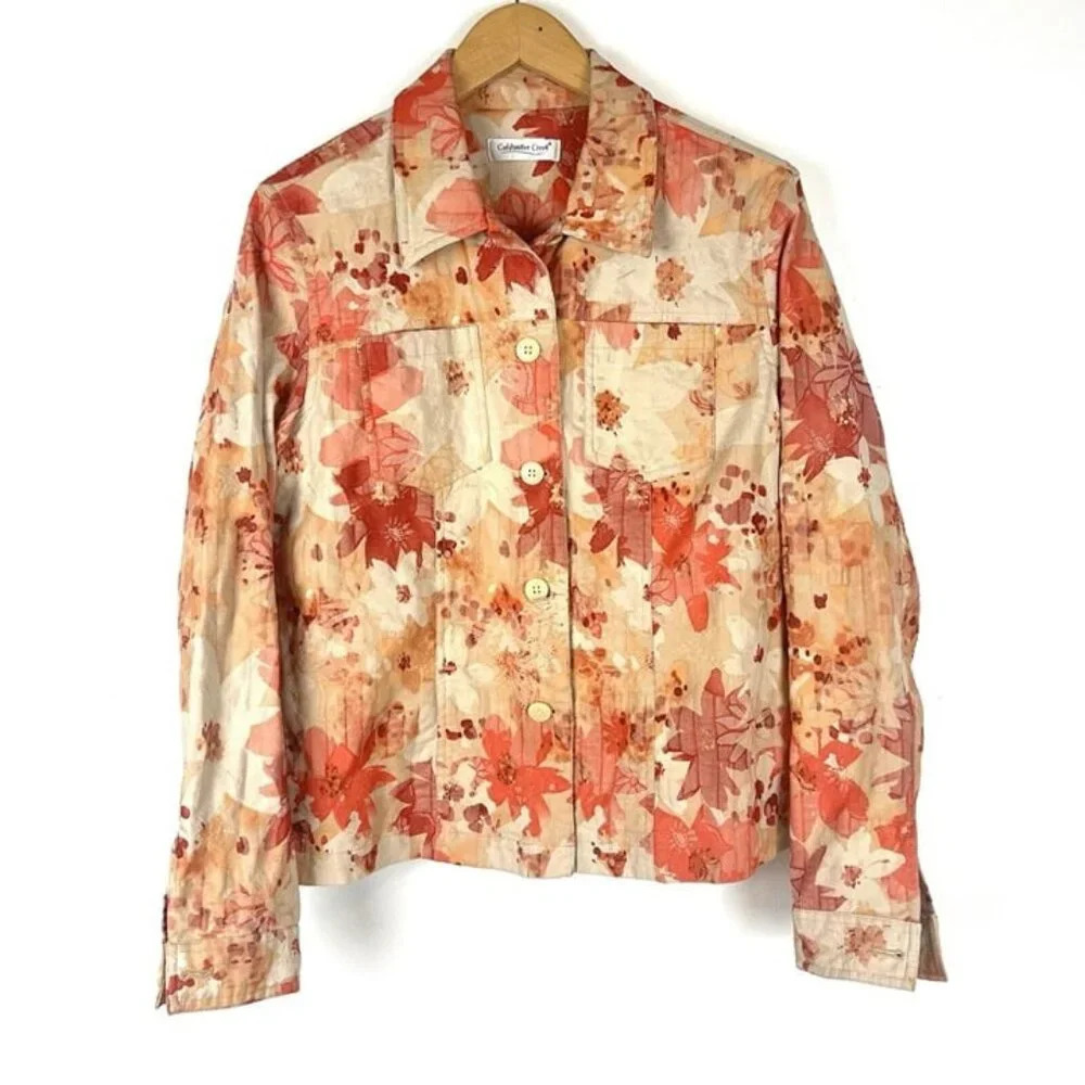 Coldwater Creek Button Up Jacket Sz L Cotton/Poly Orange Red Floral Lightweight